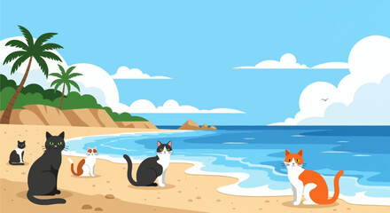 Obraz premium Cartoon vector of multiple cats of different colors sitting on a tropical sandy shore with blue sea waves, palm trees, green hills, and white clouds in a bright blue summer sky.