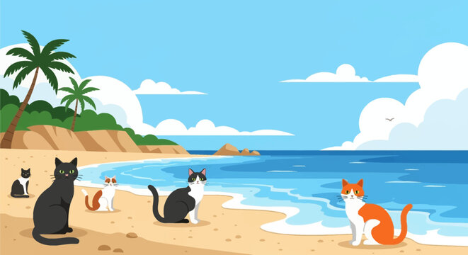 Cartoon vector of multiple cats of different colors sitting on a tropical sandy shore with blue sea waves, palm trees, green hills, and white clouds in a bright blue summer sky.