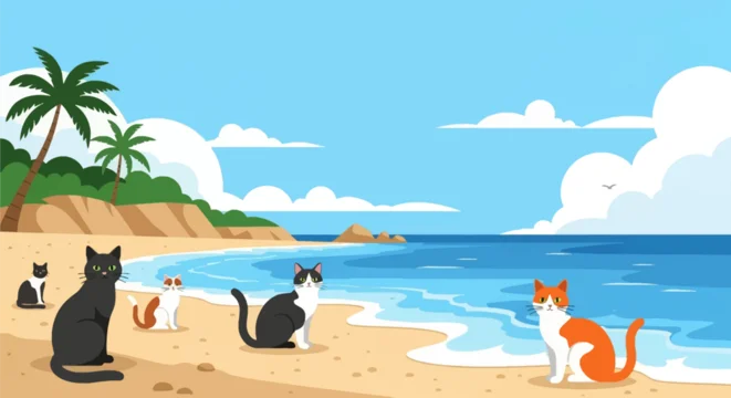 Cartoon vector of multiple cats of different colors sitting on a tropical sandy shore with blue sea waves, palm trees, green hills, and white clouds in a bright blue summer sky.
