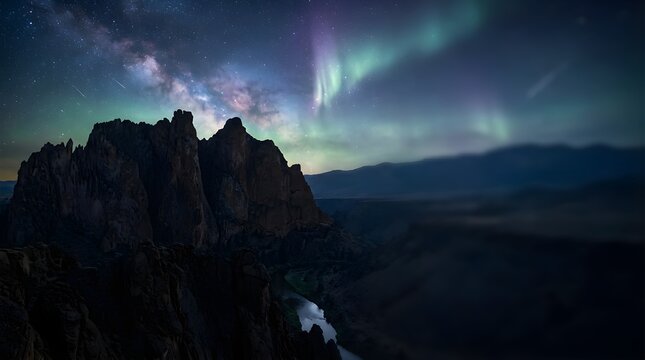 Aurora borealis and milky way over Smith Rock at night with river valley