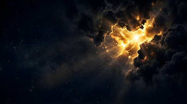 Bright golden light exploding behind dark clouds in the night sky
