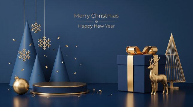 Minimalist christmas scene with blue gift box gold reindeer figurine and cone shaped trees on a dark blue background with hanging snowflake ornaments and a circular display pedestal
