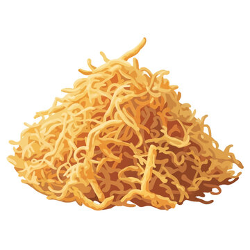 Vector illustration of a mound of Thai crispy fried noodles known as Mee Krob, featuring thin golden-brown shredded snacks isolated on a white background for food culinary graphics.