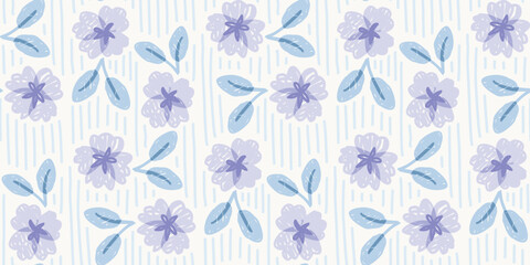 Fototapeta premium Seamless pattern with beautiful hand drawn violet flowers and leaves on white background 