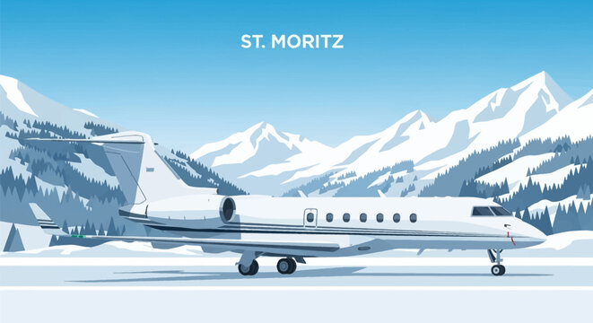 Vector illustration of a white private business jet parked on a snowy runway at St. Moritz Engadin Airport with the Swiss Alps and pine trees in the background under a blue winter sky.