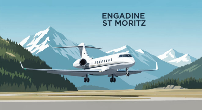 Vector illustration of a white private jet landing at Engadine St. Moritz airport in the Swiss Alps, featuring snow-capped mountains and evergreen forests in the background.