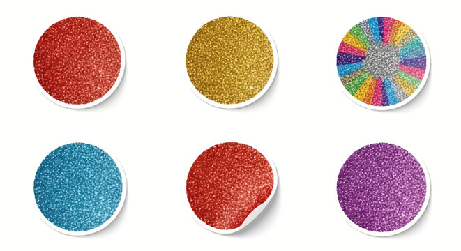 Six round circular stickers with textured glitter finish in red, gold, blue, purple, and multicolor rainbow patterns featuring white borders and subtle drop shadows on white background.