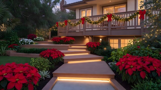 Subject: A cozy and festive outdoor holiday setting featuring a wooden pathway illuminated with soft ground lights, surrounded by vibrant poinsettias and lush greenery, leading toward a split-level ho