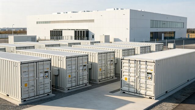 Data center exterior with containerized power and battery storage systems