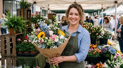 Fototapeta premium Florist Holding Fresh Flower Bouquet at Outdoor Flower Market