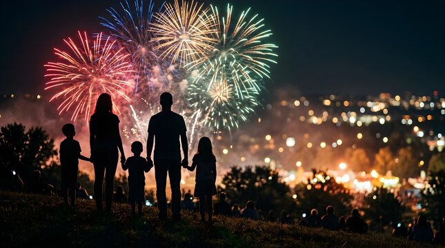Family watching colorful night sky fireworks celebration in a park