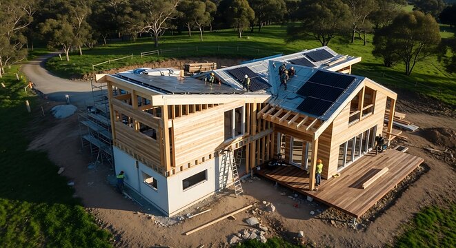 Aerial View of Modern Timber Frame House Under Construction with Solar Panels