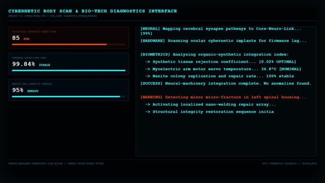 Futuristic Cybernetic Body Scan Bio Tech Diagnostics Interface Blue UI Dashboard Terminal Screen Display.