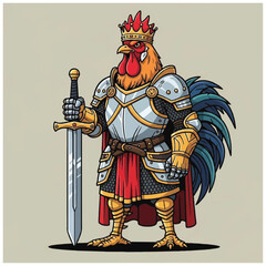 Obraz premium Cartoon Rooster Wearing Armor Crown Sword.
