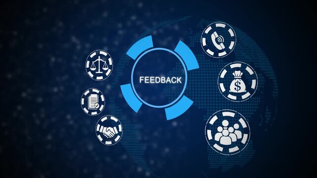 Feedback loop animation with gear and dollar signs on dark background, gear animation business process