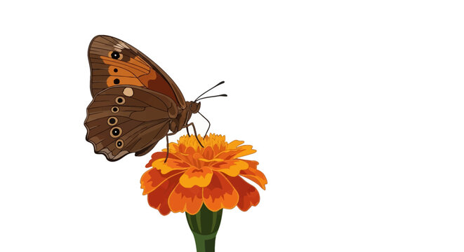 Vector illustration of a brown butterfly with eyespots on its wings perched on top of a blooming orange marigold flower, isolated on a white background with copy space.