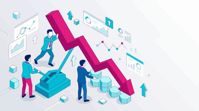 Isometric business crisis management and financial recovery concept with team fixing falling arrow graph