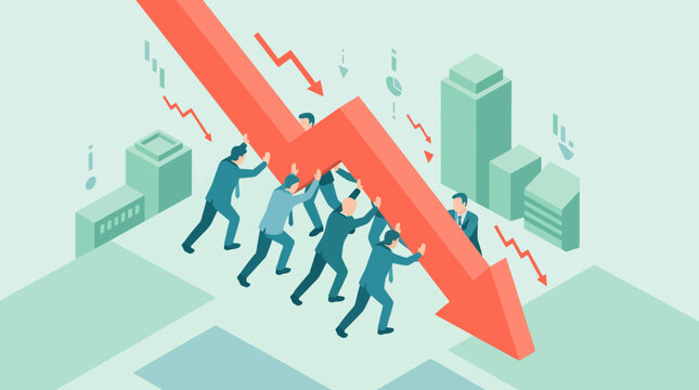 Isometric business team supporting and stopping falling red arrow graph economic crisis concept