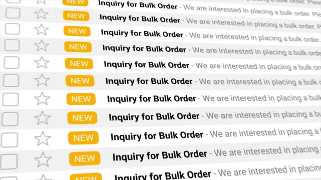 Inquiry for Bulk Order emails arrive continuously, filling an animated digital inbox. Illustrates strong business growth, high customer demand, and a constant flow of sales leads.