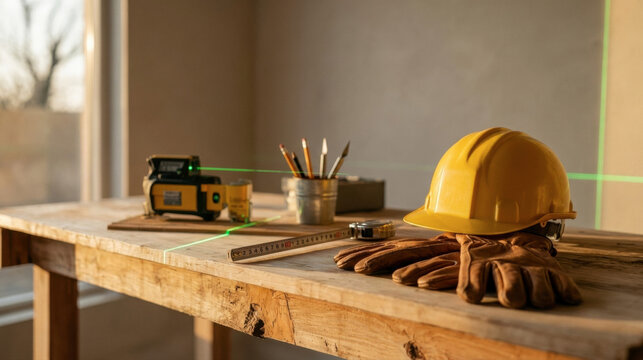 Laser level and safety helmet on wooden table for interior renovation project planning