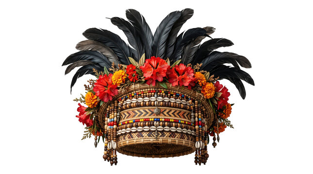 Traditional naga tribal headdress with feathers and flowers isolated on transparent background