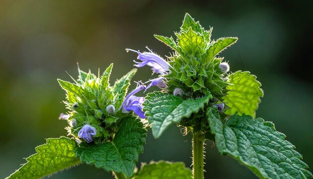 Close-up of budding, leafy, green-stemmed purple flowers, backlight creating a soft, blurred background