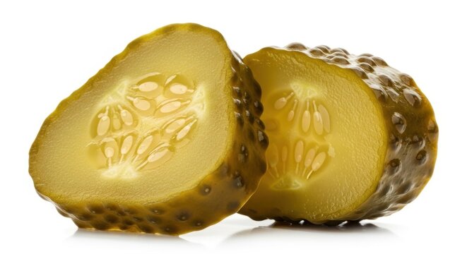Two Slices of Green Pickle Showing Seeds and Texture on a White Background