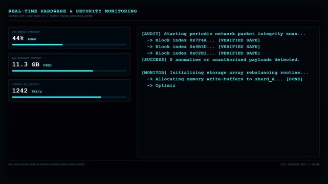 Futuristic Real Time Hardware Security Monitoring Sys Monitor Node Alpha Blue UI Dashboard Screen Display.