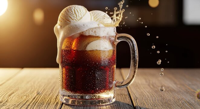 Creamy Vanilla Ice Cream Floating in Effervescent Root Beer Soda with Frothy Splash