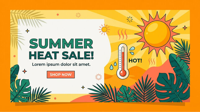 Summer sale banner template, heat wave promotion, tropical leaf illustration, colorful advertising design, vector graphics