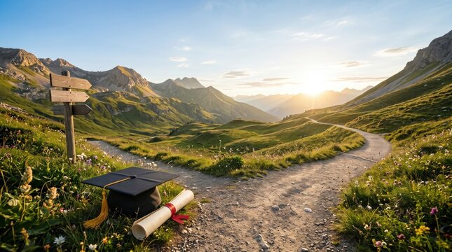 Graduation cap and diploma on mountain path fork at sunrise, symbolizing career choices after education, future opportunities, life decisions, academic achievement, journey ahead