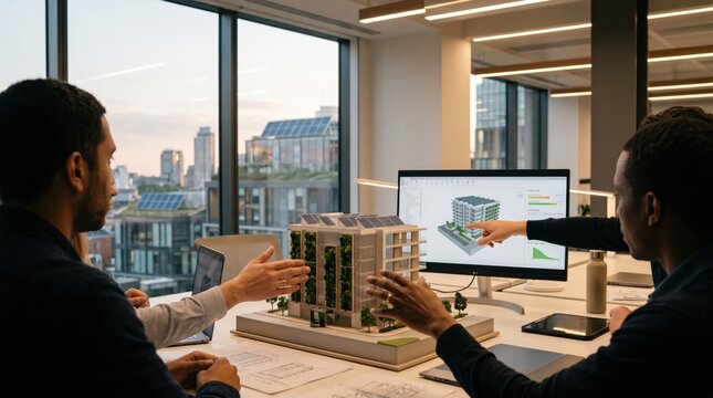 Architects team discussing sustainable green building model and 3d design plans in modern office meeting room, urban development and eco-friendly architecture concept