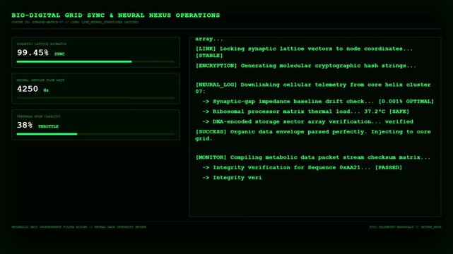 Futuristic Bio Digital Grid Sync and Neural Nexus Operations Nexus Operator Green UI Dashboard Screen Display.