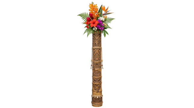 Tropical flower arrangement in a carved bamboo tiki vase isolated on transparent background