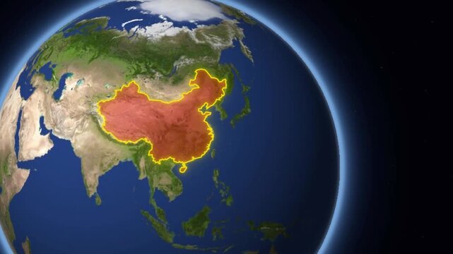 Animated globe zooming to highlight China with national flag and country data infographic