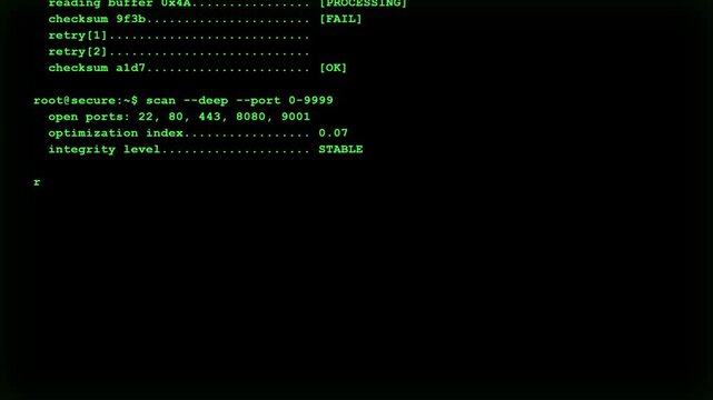 Futuristic Secure Root Export Encrypt Telemetry Data Green Command Line Terminal Screen Display.