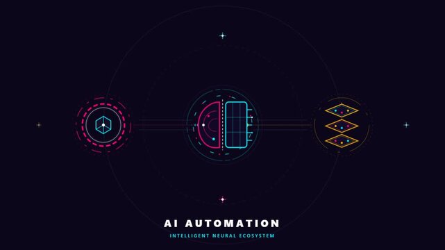 Futuristic AI Automation Infographic with HUD Interface Elements on Dark Background.