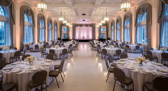 Elegant Ballroom Event Setup with Round Tables and Stage Lighting
