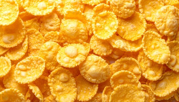 Close-up showing a pile of dry, golden, irregularly shaped corn flakes with a textured surface and varied shadows