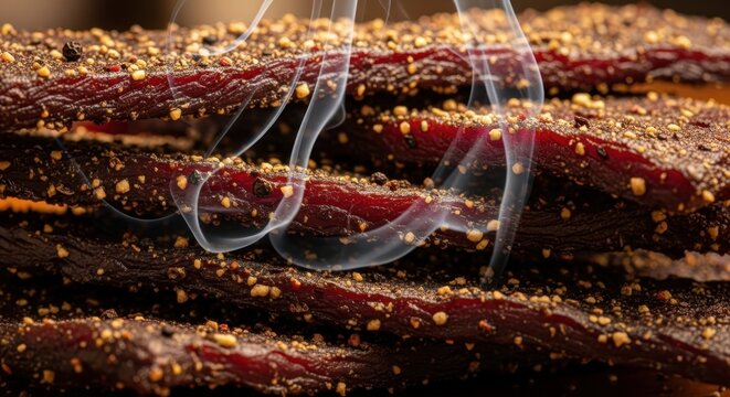 Close-up of savory beef jerky strips seasoned with cracked pepper, showing steaming wisps of smoke.