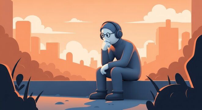 Lonely man sitting on ground with cityscape.