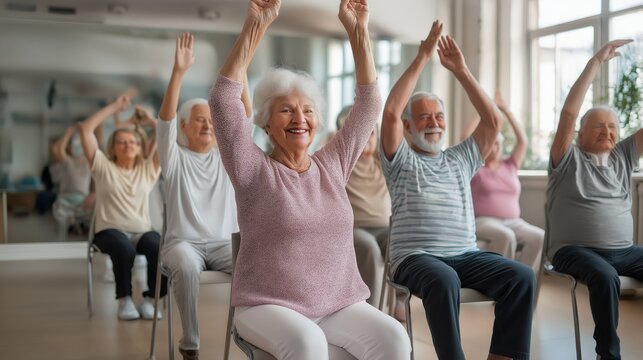 A group of elderly people sitting in chairs, joyfully raising their arms during a seated exercise class in a bright, spacious room.