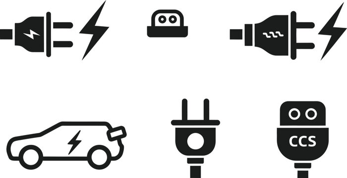 Electric vehicle charging icons set ev connectors and automobile illustration