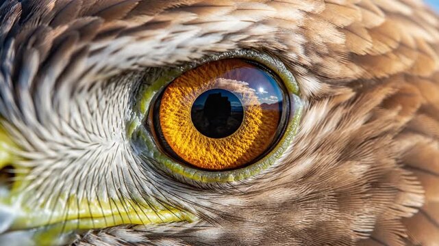 Macro detail of a bird of prey's orange eye showing the reflection of a blue sky and horizon, with intricate feather textures and sharp focus on the iris and pupil of the hawk.