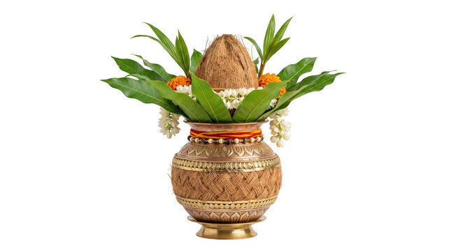 Traditional kalash with coconut and mango leaves isolated on transparent background