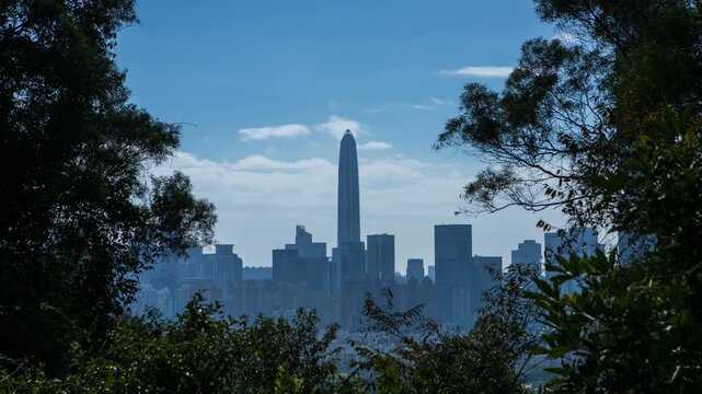 Shenzhen skyline with Ping An Finance Center framed by trees in Shenzhen, China