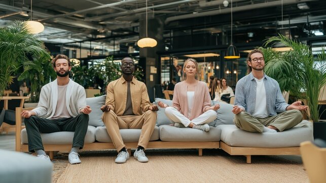 Four diverse colleagues meditate together on a couch in a modern office, promoting mindfulness and relaxation in the workplace.