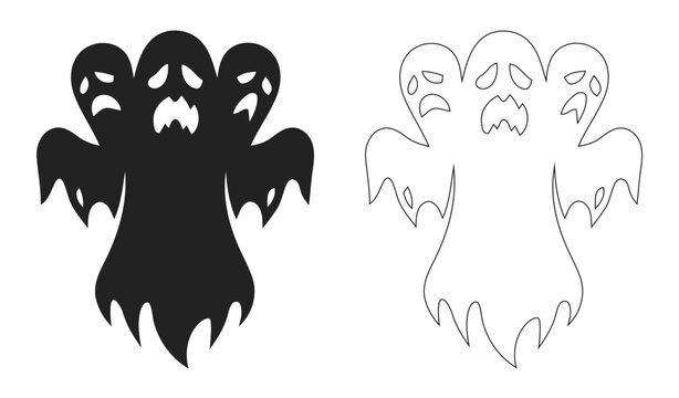 Spooky Halloween Flying Three Headed Ghost Phantom Silhouette And Line Art Vector Illustration For Creepy Holiday Party Invitation Haunted House