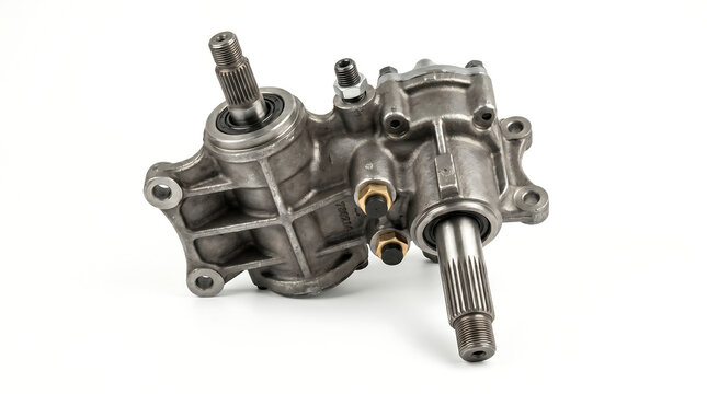 Automotive steering gear box assembly on white background