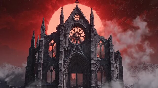 Dark Gothic Church with Red Sky.